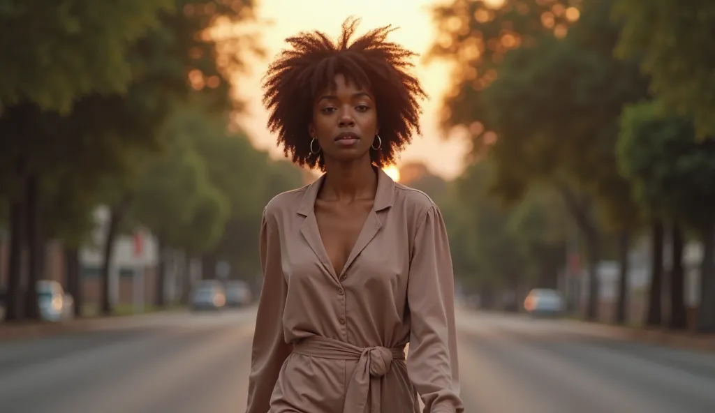 A young Black woman, approximately 23 years old, with medium brown skin and curly hair, walks confidently down a quiet, tree-lined street at dusk. She wears a simple but elegant outfit, and the soft evening light casts a warm glow around her. Her expressio...