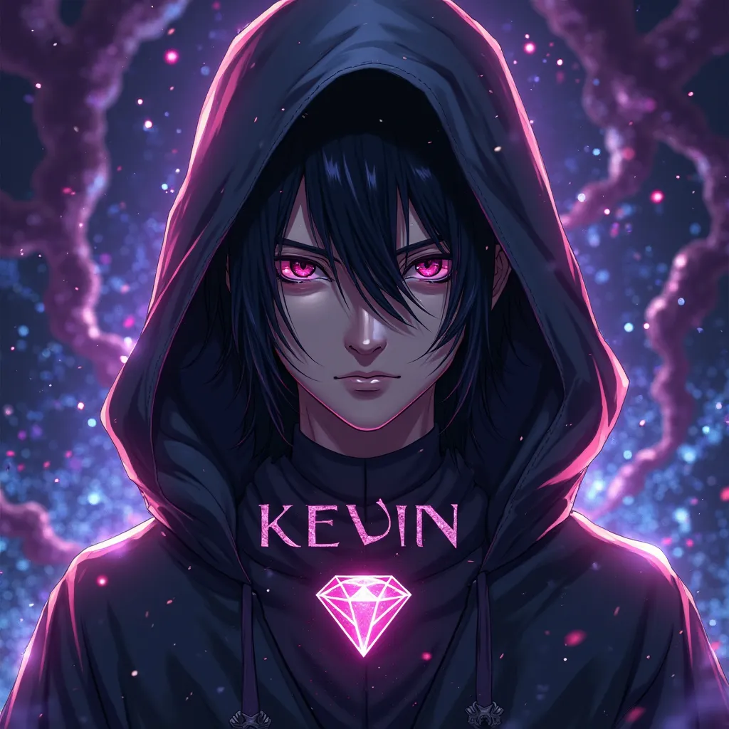 Itachi with a black hood,  with the letters Kevin, with a diamond in the middle of the letters, with a purple background with blue  