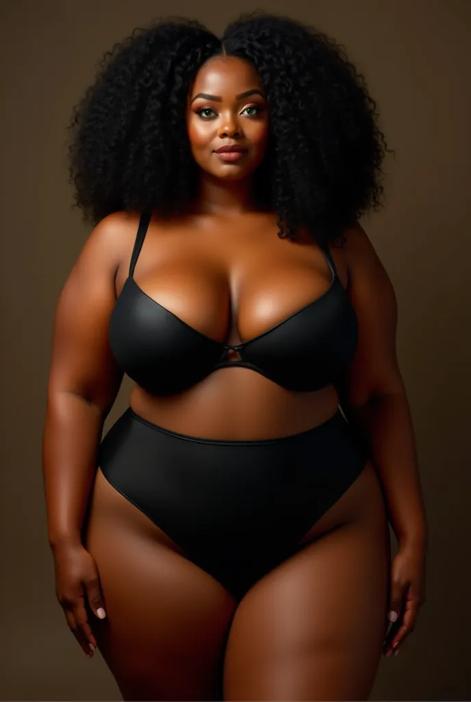 la is a curvaceous and chubby black woman, with a voluptuous and well distributed body structure. Her skin has a deep ebony tone, soft and uniform , covering a body full of natural curves.  Her face is rounded , with raised and well-designed cheekbones, hi...