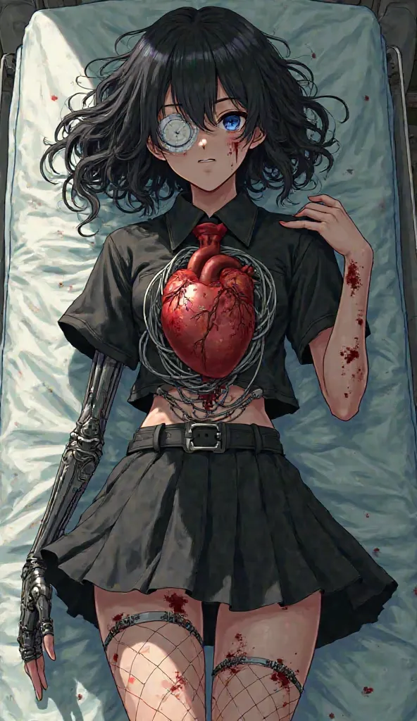 Girl with curly black hair, with a bandage on one eye with blood, dirty clothes, with a mechanical arm, wires in his body, wearing black clothes, a black shirt and red tie, black skirt with fishnet tights, showing his artificial heart with wires and he has...