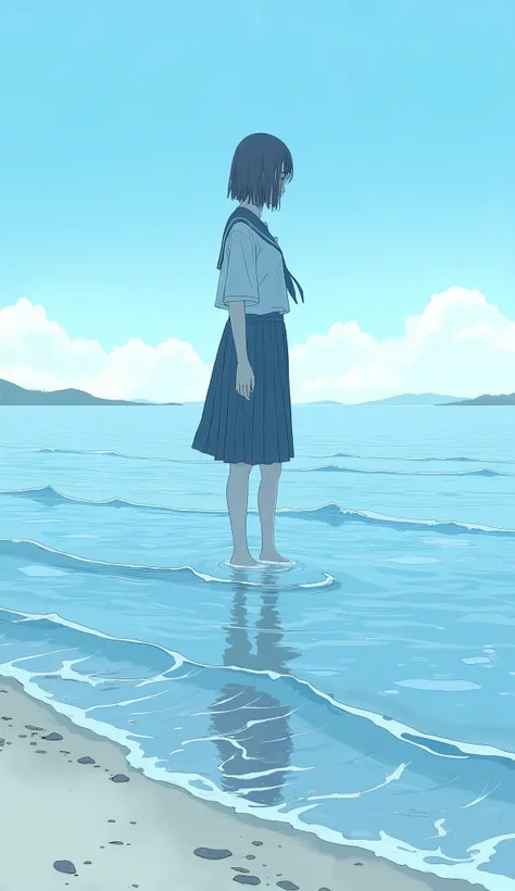 A woman stands in the water on the beach, Picture inspired by Miyagawa Nagaharu, Tumbler, what is it?, loose coat collar sailor suit, Seifuku, sailor suit, Japanese Female Student Uniform, In the sea, wearing Japanese Language School Uniforms, Japanese Lan...