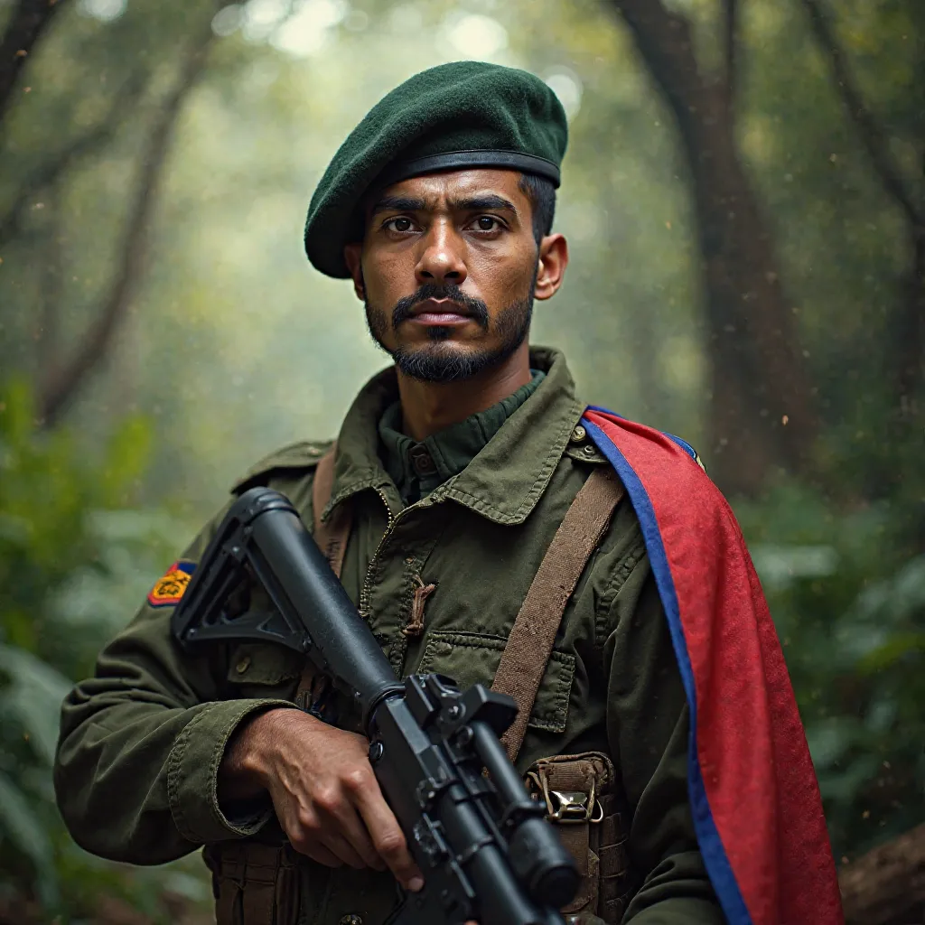 Portrait of A confident-looking nepali army, wearing an nepal flag, holding a gun, fighting with Indian army, jungle background, bokeh, perfect composition, hyperrealistic, super detailed, 8k, high quality, trending art, trending on artstation, sharp focus...