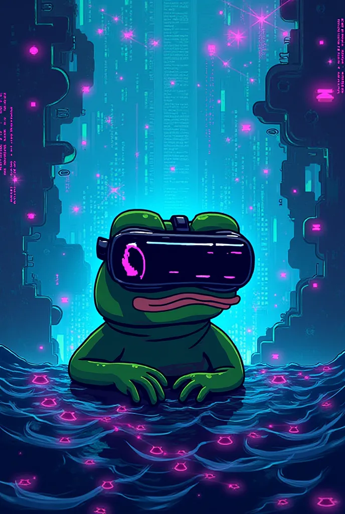 16-bit graphics of Apu Apustaja the antropomorphic frog as a hacker wearing VR googles in a cyberspace ocean
