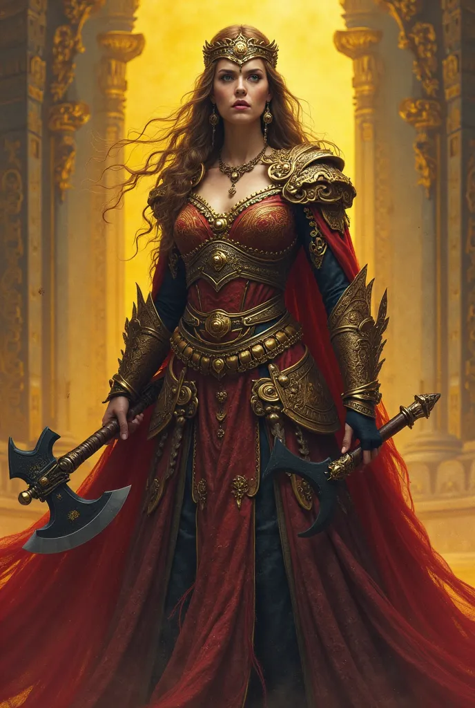 I need an image where she will be the symbol of a kingdom, where colors such as yellow are mixed, black and red, With a crossbow, and axe, Send me nobility and strength

