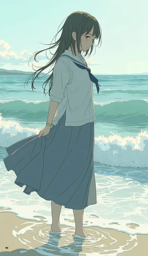 Back view of a high school girl standing in the shallow water of the beach, Picture inspired by Miyagawa Nagaharu, Standing about knee-deep、I'm worried about getting wet and I'll hold the hem of my skirt a little bit, loose coat collar sailor suit, Seifuku...