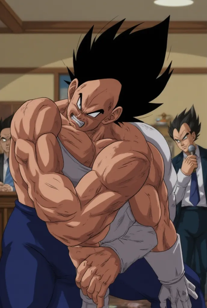 Character vegeta,  sad face, in a 90 degree crouching position, Hai Tay Xuoi, bows his head down to apologize, 90s anime style, fan made, press conference background, portrait, horizontal angle

