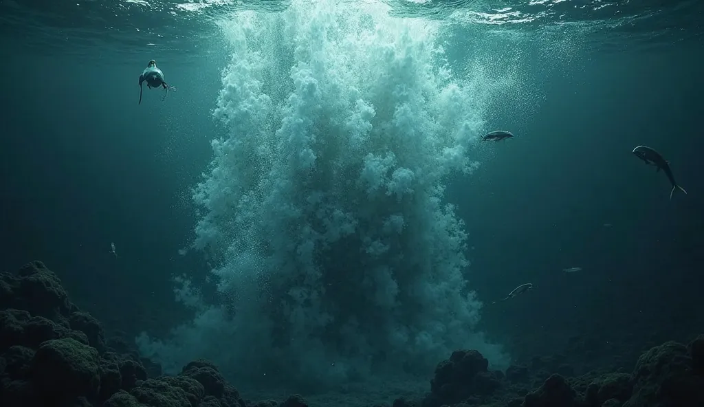 "A deep, mysterious underwater scene with a powerful, invisible force creating massive sound waves. The ocean is dark and vast, with bubbles rising and distant marine creatures reacting to the noise. A sense of mystery and the unknown fills the image."