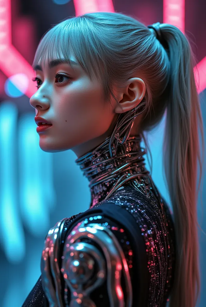 Android girl, Highest quality, masterpiece, ultra-high resolution, photo realistic, raw photo, 1 cyberpunk girl, glossy skin, 1 mechanical girl, super realistic details, (mechanical limbs, tubes connected to mechanical parts, mechanical vertebrae attached ...