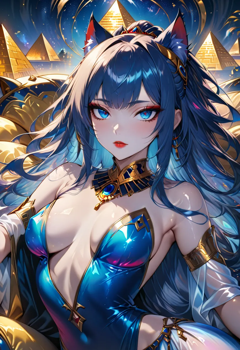 ultra detailed, absolutely resolution, masterpiece, highly detailed, sharp focus, vivid colors, soft lighting, cinematic composition, a cool beauty cat beastman, glossy silky flowing high layered hair, lewd expression, seduction, red lips, make up, shining...