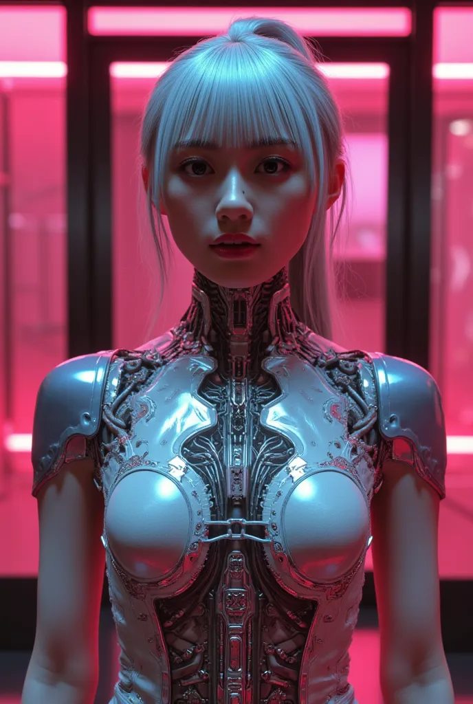 Android girl, Highest quality, masterpiece, ultra-high resolution, photo realistic, raw photo, 1 cyberpunk girl, glossy skin, 1 mechanical girl, super realistic details, (mechanical limbs, tubes connected to mechanical parts, mechanical vertebrae attached ...