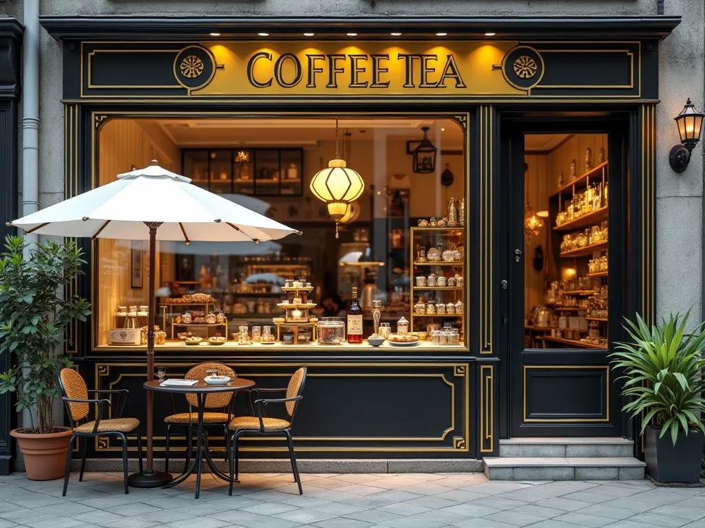 (high detail) coffee shop, Black tea, No people, China, sweets, Yellow, black, gold, Showcase, flower shaped lamp, hexagonal window, restaurant exterior photo, There is a white umbrella and chair in front of the building