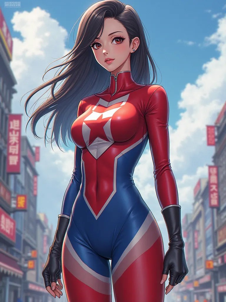 North Korea국기, superhero, 귀여운 girl, Tight Bodysuit, pretty face, Nice body , city, North Korea국기가 들어간 Tight Bodysuit, anime, North Korea, girl