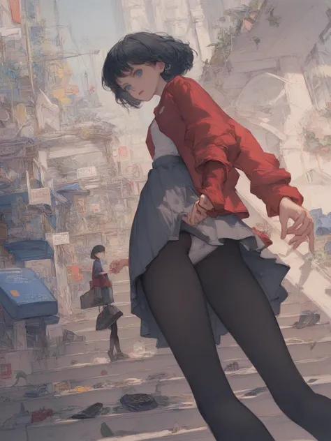 punctuation_9,punctuation_8_arriba,punctuation_7_arriba,punctuation_6_arriba, DESCANSO Jan3tv, black hair, bob haircut, blue dot eyes, lipstick, silver ear rings, black vneck, red jacket,     the sleeves rolled up    , short grey skirt, Knee-length black t...