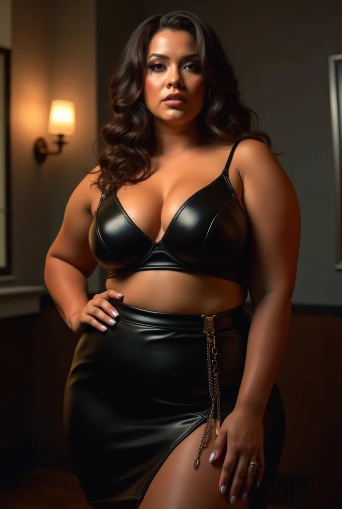 Or leather bralette and sexy leather skirt and she is a little bit fat and to hot 