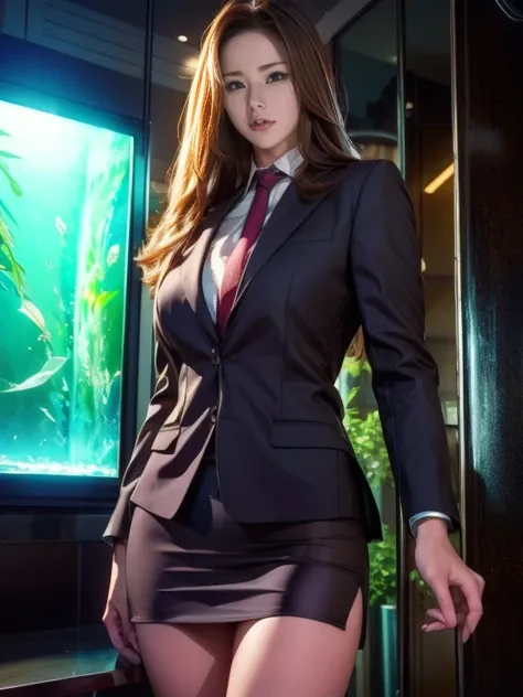   top quality ,   realistic ,    Tall Very Detailed   , finely,   high definition,   8k Wallpaper,    beauty of aquarium architecture   ,,   light brown disheveled hair ,   I'm wearing a business suit ,Wearing a slit skirt    、   sharp concentration,     p...