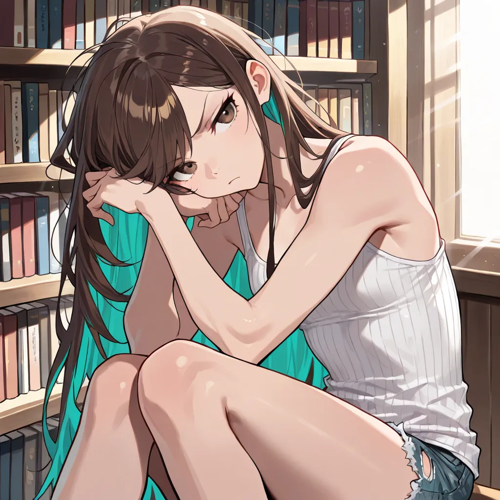 (masterpiece:1.2, Best Quality), (finely detailed beautiful eye: 1.2), (beautiful detailed face), close up, annoyed expression, reaching up for book, brown eyes, very long hair, brown hair, teal highlights,messy hair, ribbed tank top, white tank top, rippe...