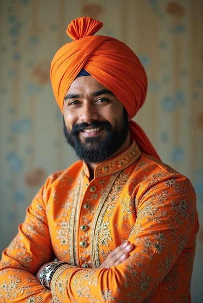 "Create an image of a South Indian actor wearing a traditional Punjabi outfit. He is dressed in a vibrant, richly embroidered kurta with intricate patterns and a stylish, well-fitted pajama. On his head, he wears a traditional tupi (a small, round cap) in ...