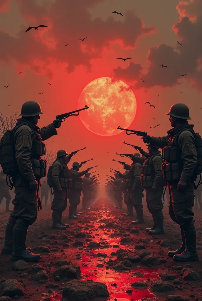 There are two groups, one is a small group of fighters is waiting for their destiny in a sad campaign and the other is a group of fascist soldiers who are pointing guns at them. The sky is dark , the clouds are covering the sun. The colors are strong: the ...