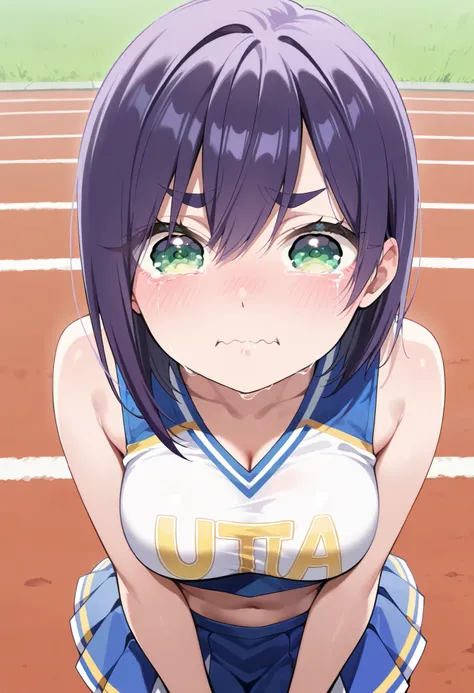 masterpiece, best quality, amazing quality, very aesthetic, absurdres,
EBKurumi, 1girl, solo, short hair, purple hair, thick eyebrows, green eyes, medium breasts,(aged up:1.2),
cheerleader outfit, ultra-short pleated skirt, crop top,crying aqua, crying aqu...