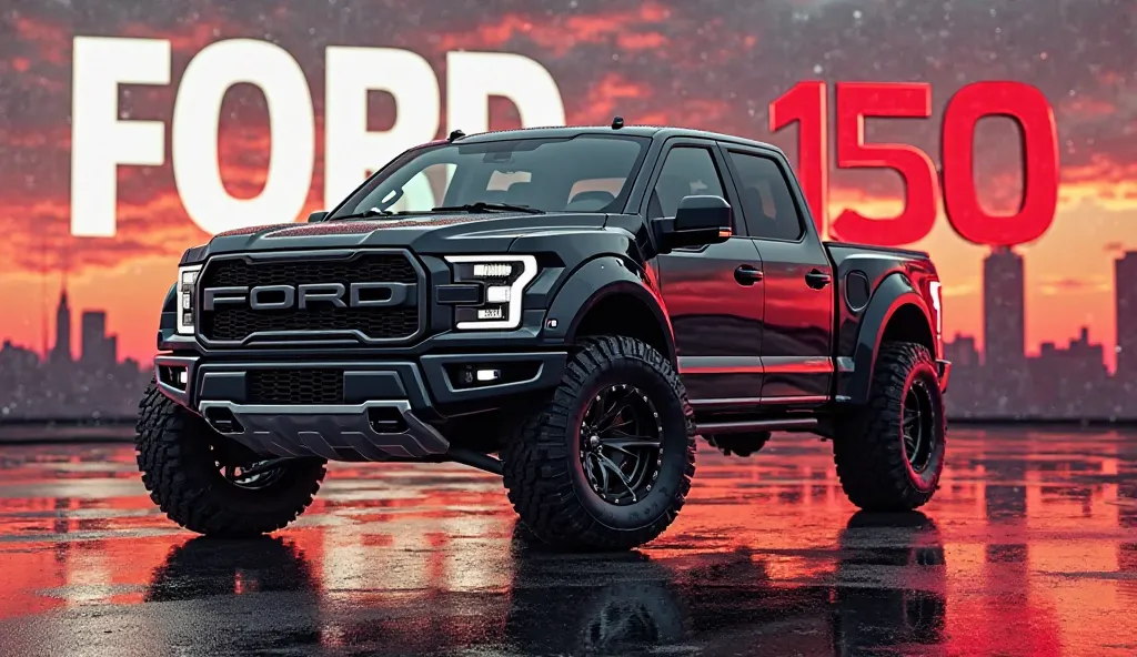 "A futuristic ford f 150  pickup truck with a rugged off-road design, parked on a reflective wet surface. The truck has a bold and muscular stance with oversized black wheels, aggressive fender flares, and a modernized front grille with round LED headlight...