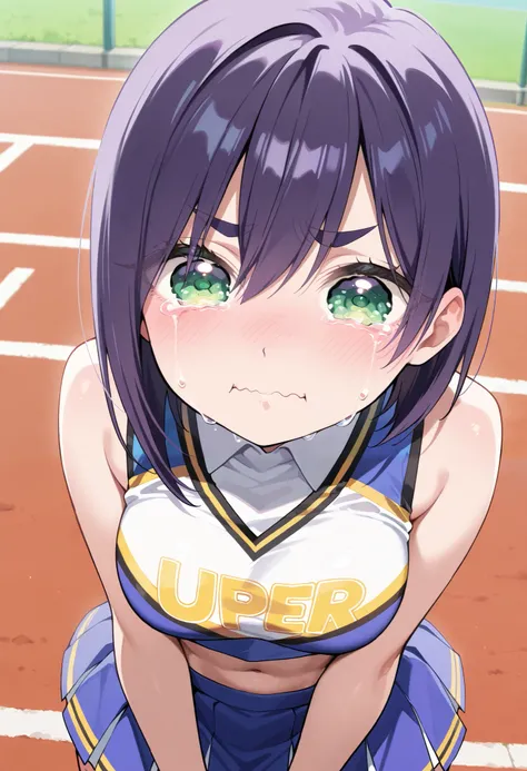 masterpiece, best quality, amazing quality, very aesthetic, absurdres,
EBKurumi, 1girl, solo, short hair, purple hair, thick eyebrows, green eyes, medium breasts,(aged up:1.2),
cheerleader outfit, ultra-short pleated skirt, crop top,crying aqua, crying aqu...