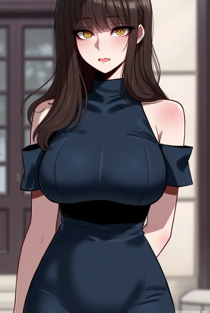 Create me an image in the Korean manwha fanart anime style with a 20-year-old woman with dark brown eyes and a lot of rebellious long brown hair with bangs with a serious expression with a very voluptuous body,  wearing an elegant dark blue dress with a un...