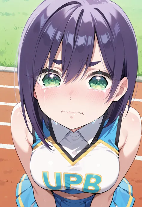 masterpiece, best quality, amazing quality, very aesthetic, absurdres,
EBKurumi, 1girl, solo, short hair, purple hair, thick eyebrows, green eyes, medium breasts,(aged up:1.2),
cheerleader outfit, ultra-short pleated skirt, crop top,crying aqua, crying aqu...
