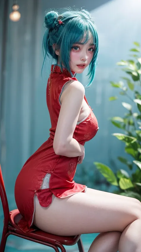 ((Viewfinder target:1.6)),1 girl、(((shy slightly blushed face,2-tiered bun hair, beautiful,  Shiny light blue hair :1.6),silver mesh )),((Face and body soaked in hot water and sweaty:1.3,beautiful脚:1)),((Gestures that invite the viewer:1)、((China dress wit...