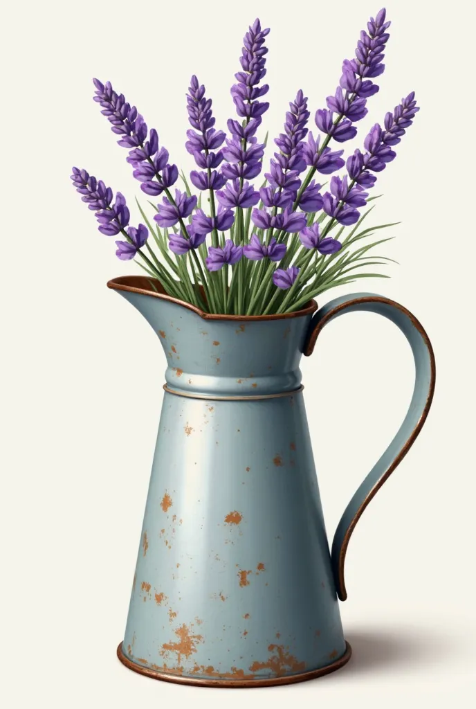 Make realistic style high resolution image of
"A vintage zinc milk jug, with antique details and a slightly frayed surface, milkbox showing marks of time in shades of silvery-gray and light blue. The milk jug is standing, with its rounded handle and delica...