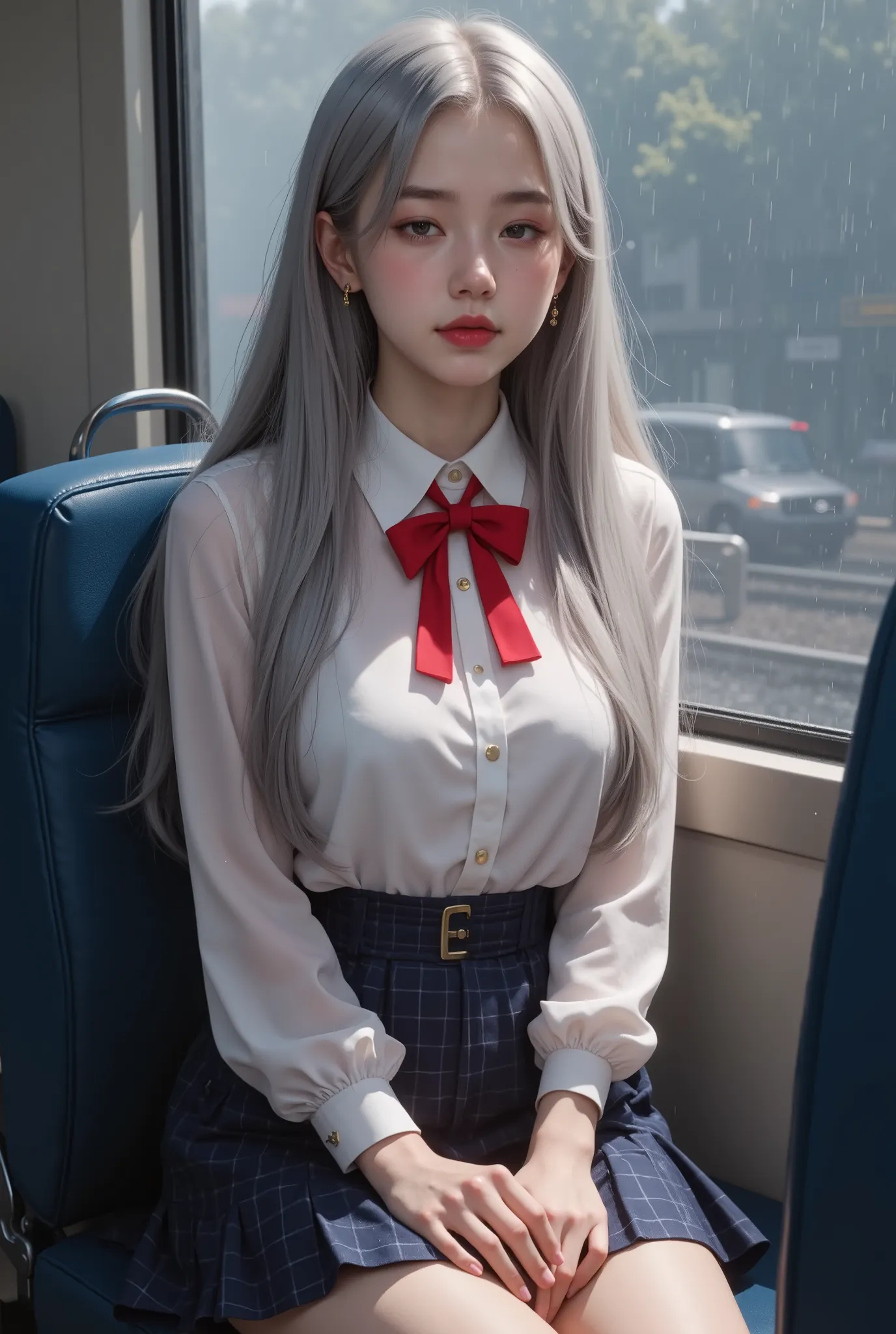 (電車の座席に座っているgirl)、top qualityの作品、Actual Work、Ultra Premium Graphics、8K HD CG Works、 high quality graphics 、High resolution CG work、10x pixels、Very fine detail with precise details:1. 1、Advanced Technical Details:1。  1 photorealistic 、室内Lighting Effects:1。 ...