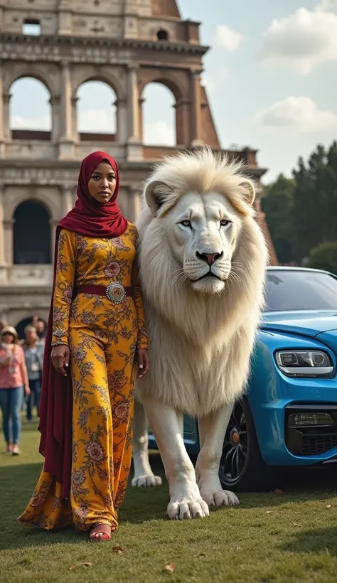 (photorealism:9.16), A beautiful woman wears a long hijab covering her chest. Gamis patterned kaftan variations red and yellow variations fancy floral prints and trendy veils and cool shoes are standing looking at the camera in front of a blue Rolls-Royce ...