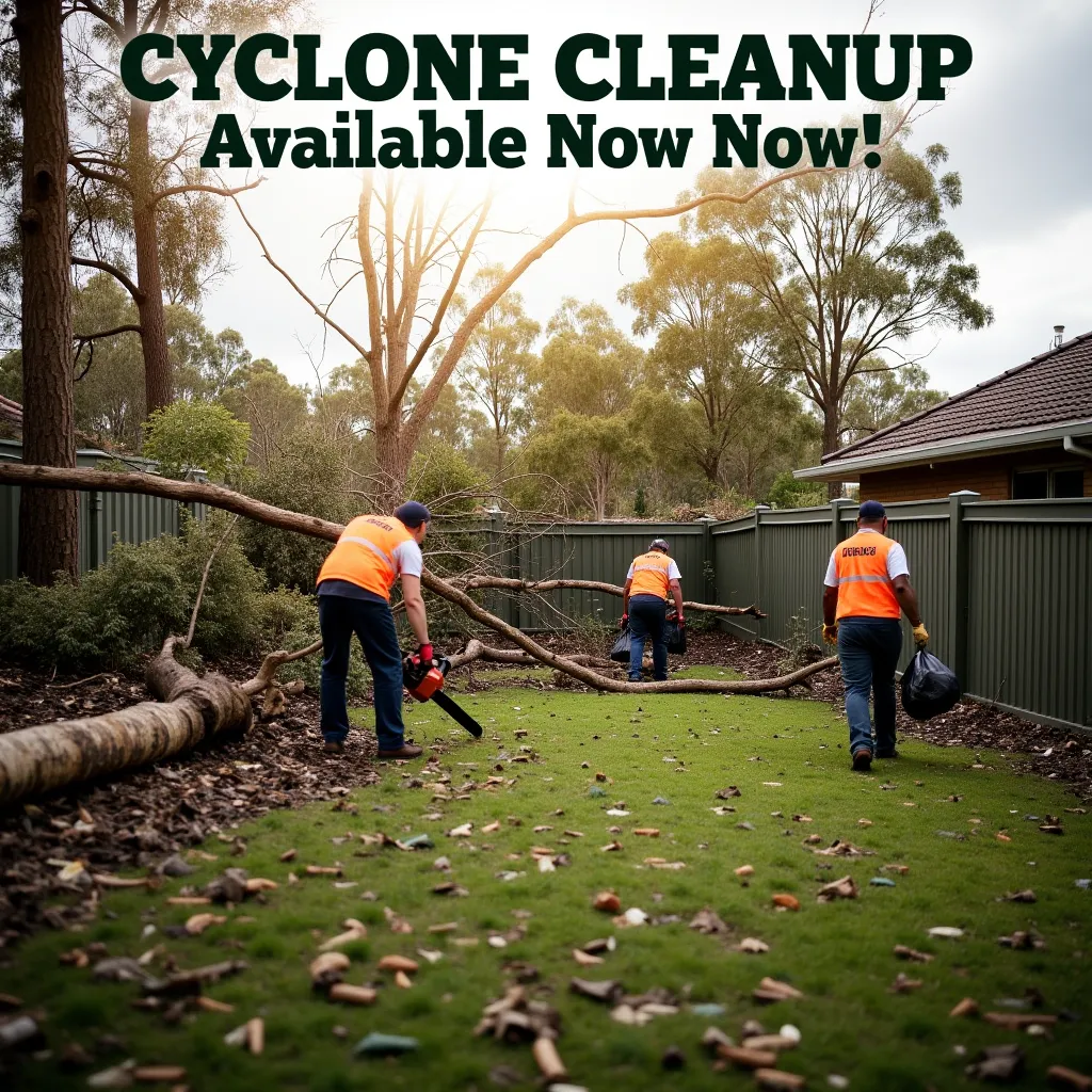 "A devastated backyard after a severe cyclone, with fallen trees, broken fences, and scattered debris. A professional landscaping crew in safety vests and gloves is actively cleaning up—one person is using a chainsaw on a fallen tree, another is raking deb...