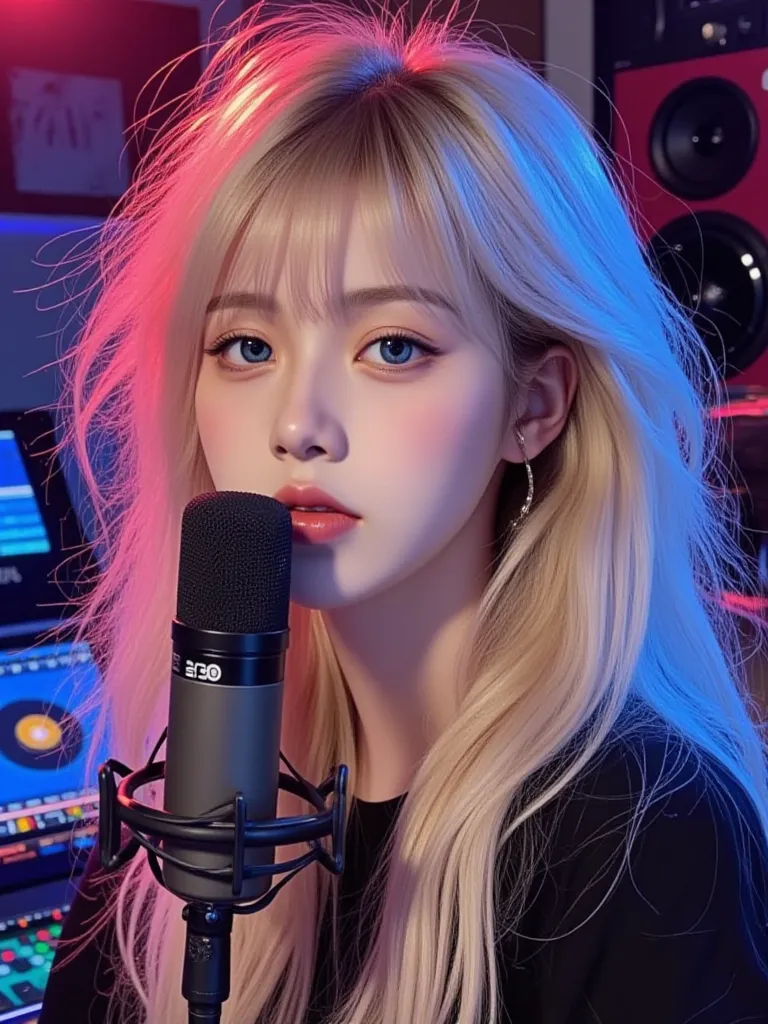 Kpop idol, long ashy blonde hair, blue eyes, pouty like lips, pretty, visual, messy hair, bare-face no makeup, in a recording studio recording and singing a song in front of the microphone 