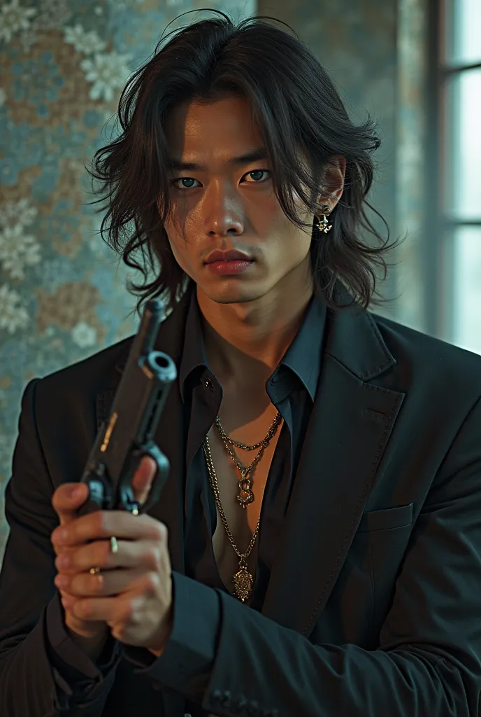 HANDSOME, MUSCULAR, TATTOOED CHINESE MAN, CHARMING, WITH PERFECT LIPS, BLUE EYES AND LONG CURLY CHOCOLATE-COLORED HAIR, LONG BANGS. DRESSED IN A SUIT, EARRINGS AND NECKLACE, WITH A GUN IN HIS HANDS.