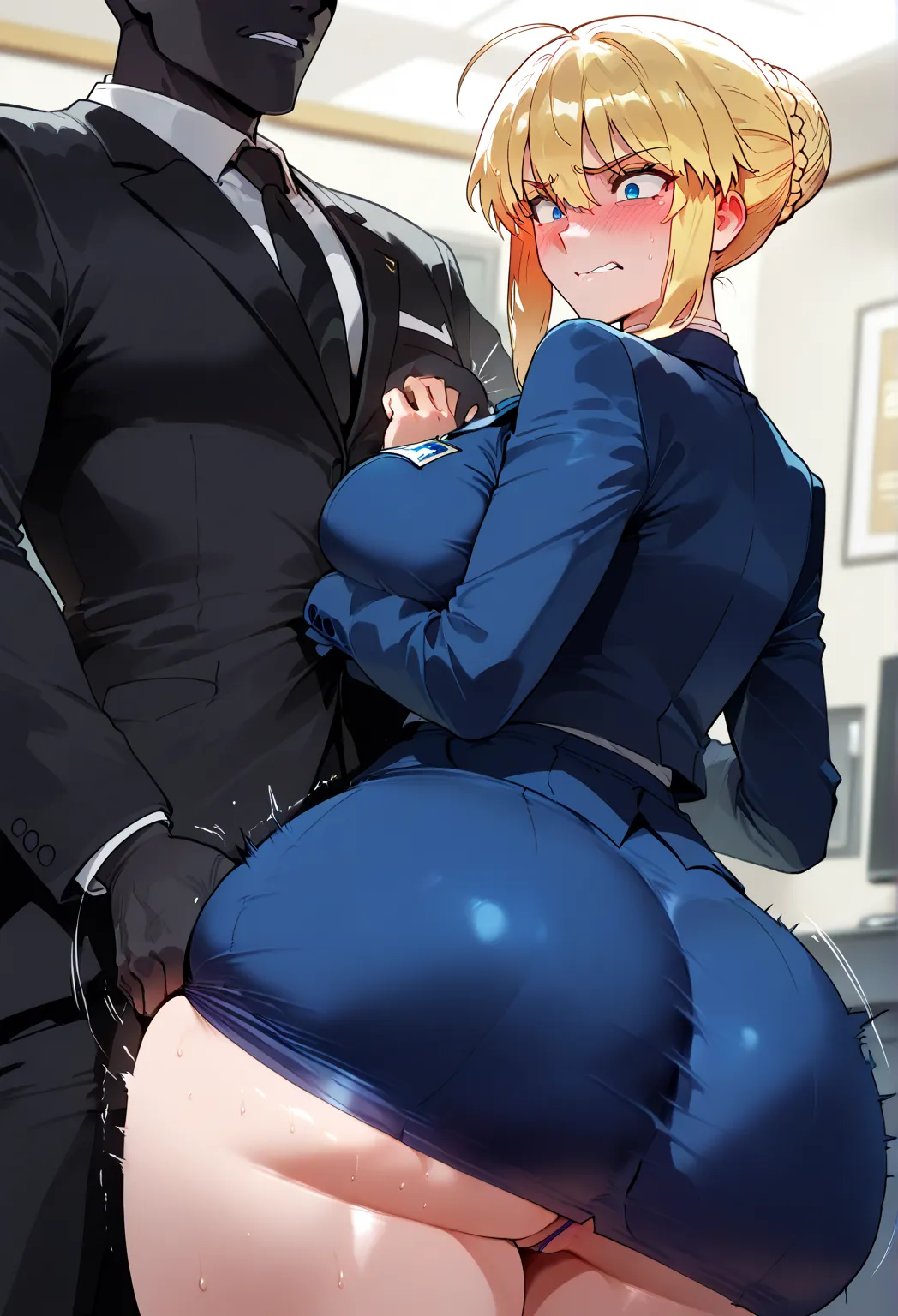 *Image of an anime couple,  in the office , best quality, best aesthetics, Pedragon Artoria,  shy expression, embarrassed, lust, red cheeks, long hair, Laurels , tied in a bun, Locked, two wicks on the sides, straight bangs blue eyes,  frowned eyebrows , g...