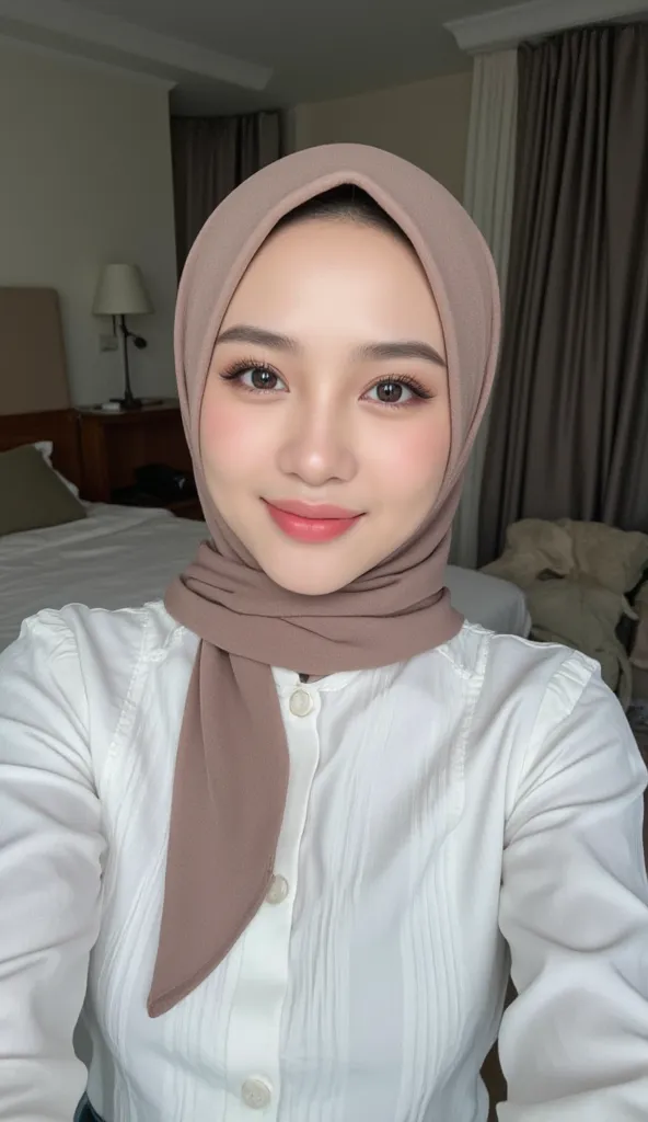 A first-person perspective playful smiling selfie of a 24-year-old female, Indonesian mix malay, (very light makeup) (slim) (oval face) ((trendy hijab muslimah)), wearing blouse and jeans, in the bedroom. monotone interior (masterpiece) (highest quality) (...