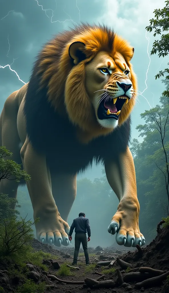 
*“A titanic battle erupts between a 50-foot-tall lion and an equally massive gorilla in the heart of a storm-ravaged jungle. The colossal lion, its golden mane crackling with static from the raging thunderstorm, lets out a deafening roar, shaking the eart...