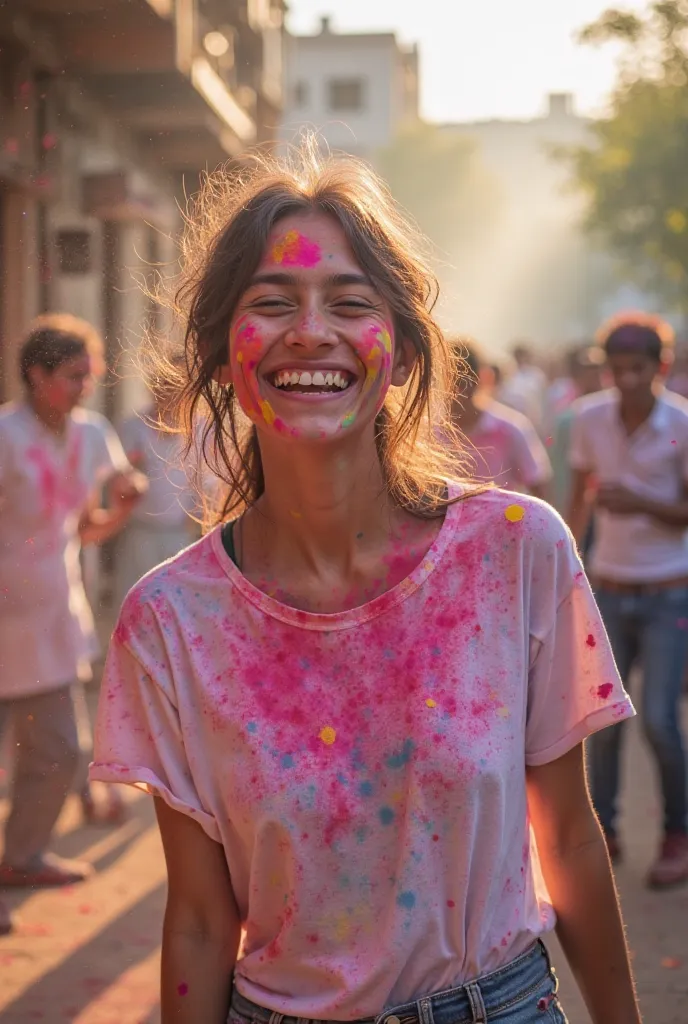 "A young woman playing Holi outside her home, covered in vibrant colors. She is wearing an oversized t-shirt, stained with bright powders of pink, blue, yellow, and green. Her face and hands are joyfully smeared with colors as she laughs, throwing handfuls...