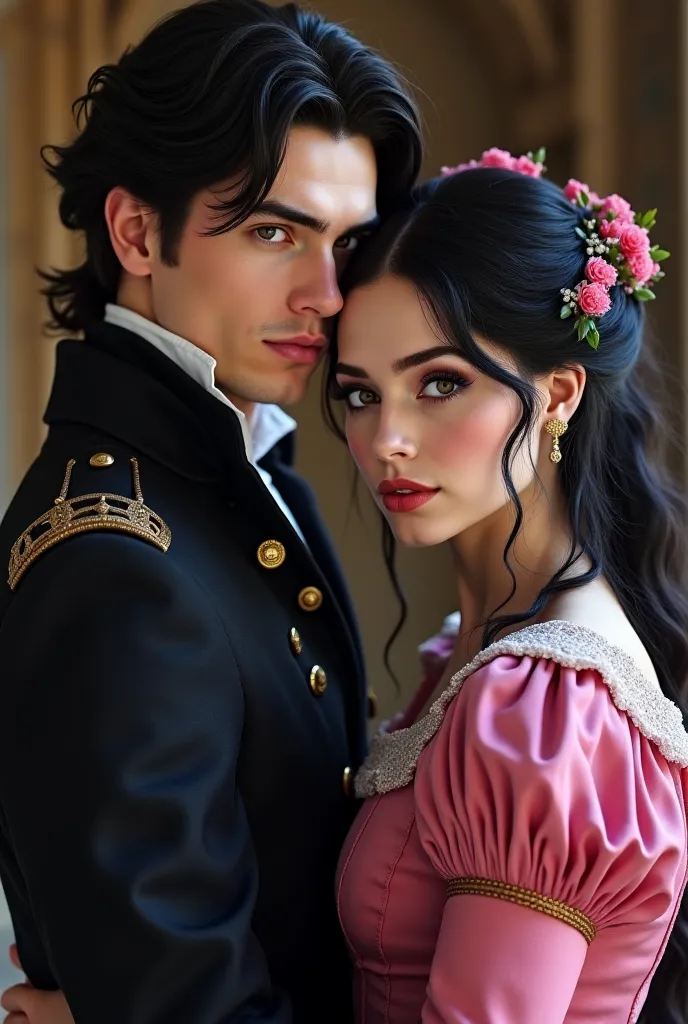 Let's create a 19th century couple: a 19-year-old woman with black hair, brown eyes, white skin, a little tight eye, use the color pink in her clothes to look like a sorceress, The man is very handsome black hair blue eyes white skin European ethnicity lik...