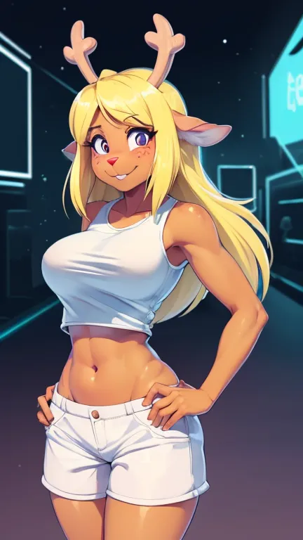 (noelle, furry female anthro, blonde hair, deer girl, red deer nose, white eyes, white pupils, white crop top, white shorts, big breasts, midriff), hands on hips, green neon city, smiling, three-quarter view, blushing