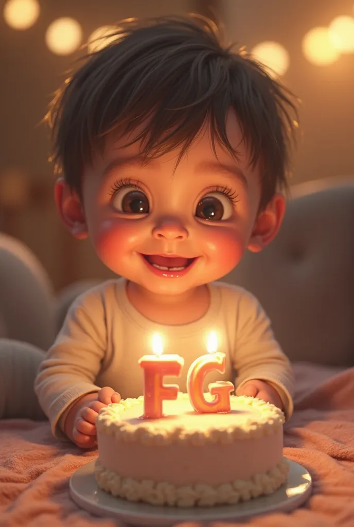 Generate a picture, a two-year-old  is sitting and holding a cake with the inscription “FG” in capital letters, there are two candles on the cake