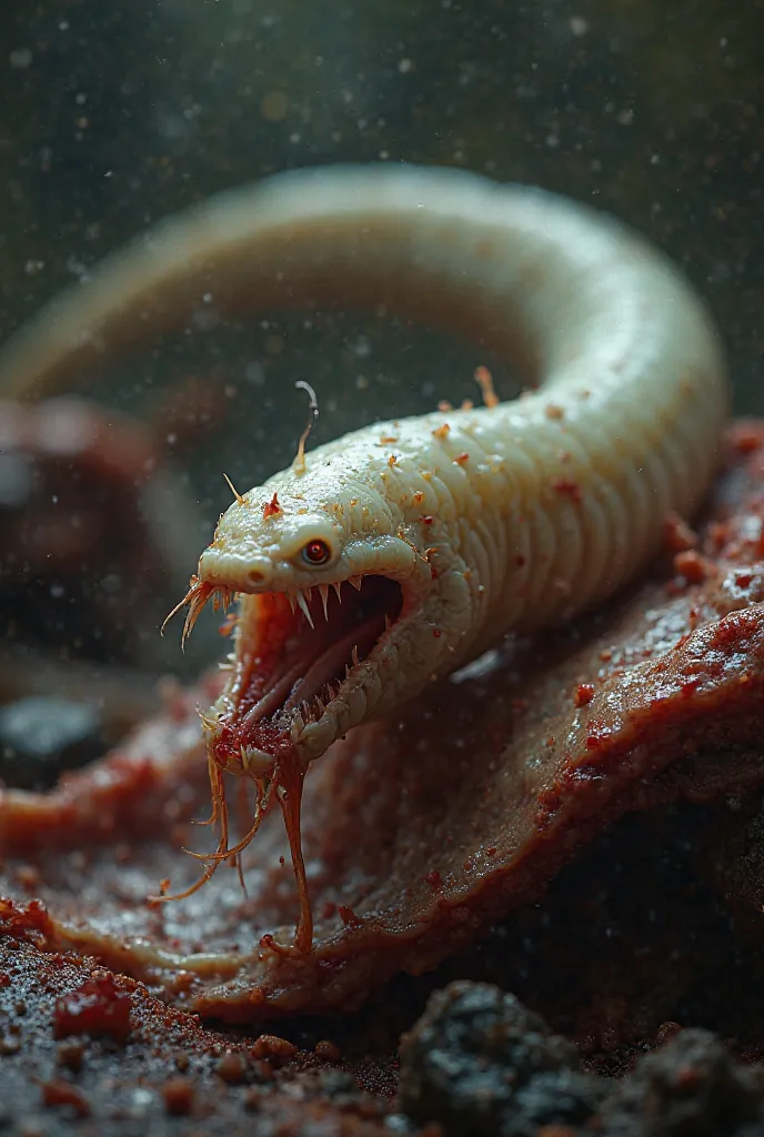 A Worm feeding on a meat