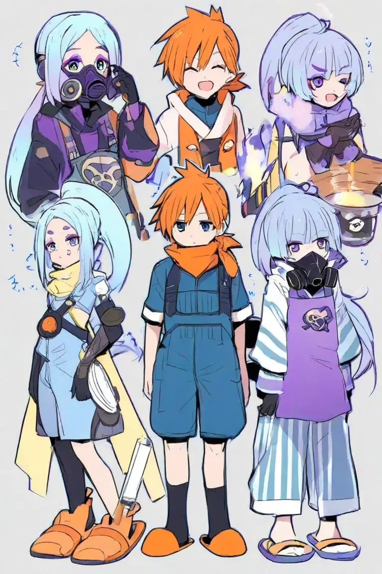 Primary colors、Half Faced Gas Mask、light blue and purple striped hair、Ponytail with Raised Bangs、purple zitos 、purple eyeshadow、Orange Neck Warmer、Light blue jumpsuit、Purple apron、 black gloves、Orange Slippers、 black socks