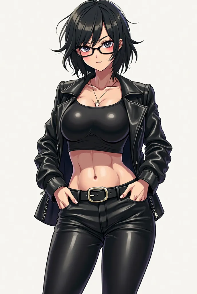  anime character, single character, leather pants, belt, tight high boots, androgynous, boots, posing for a picture, black shiny leather, bellybutton, tousled boyish hair, crotch, wearing glasses, little chubby, Anime character, plus-sized tomboy, black ha...