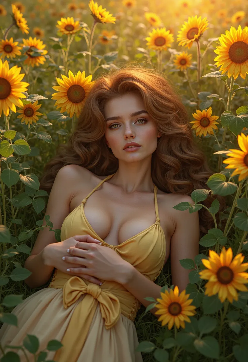 Beautiful and sexy real woman, dressed as sexy Catarina, sitting in the green grass , Around you,  sunflowers , sunlight