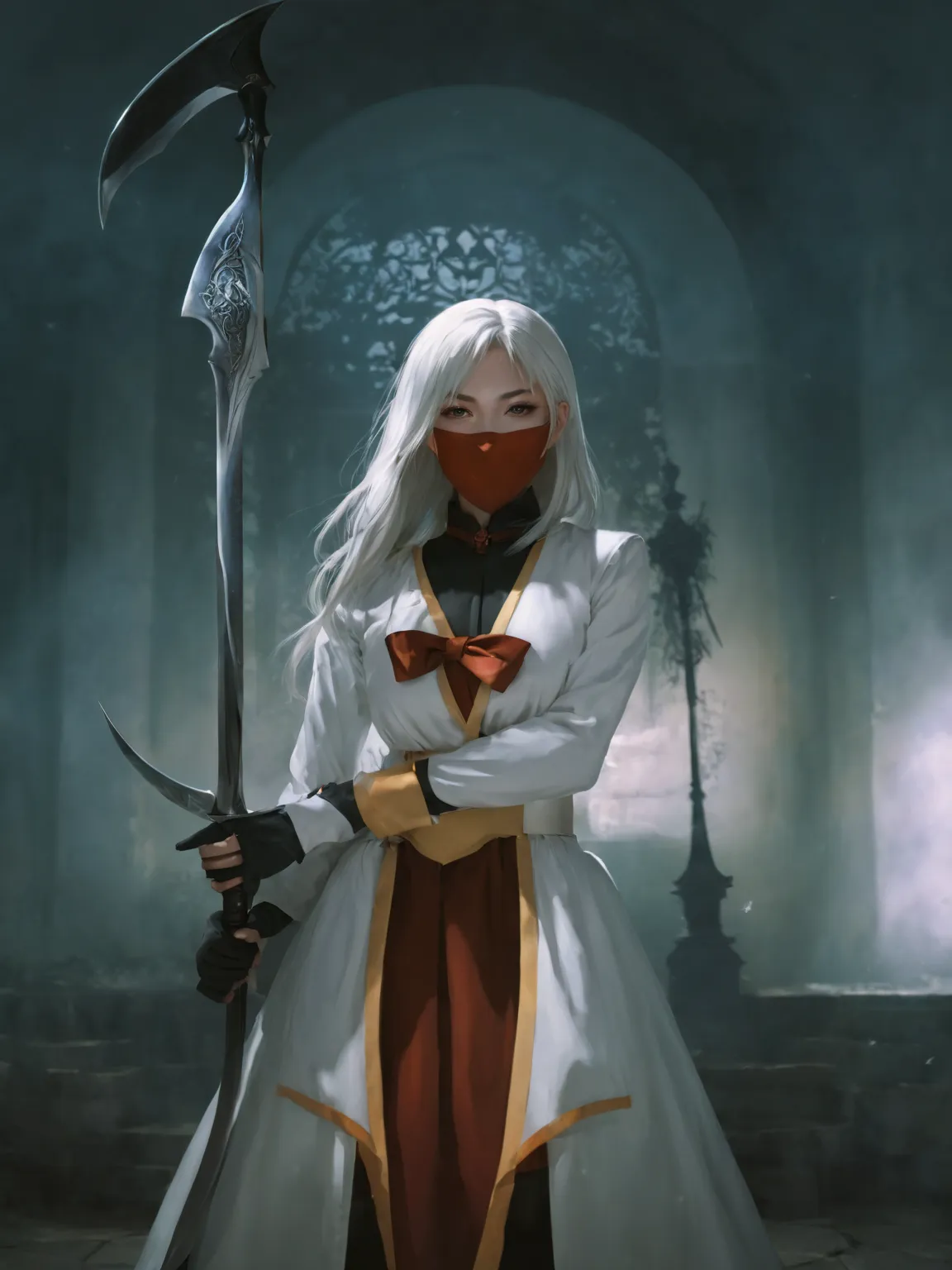 anime girl with a scythe and a sword in a dark room, a character portrait inspired by Li Chevalier, pixiv, fantasy art, white haired deity, portrait of a female mage, she 