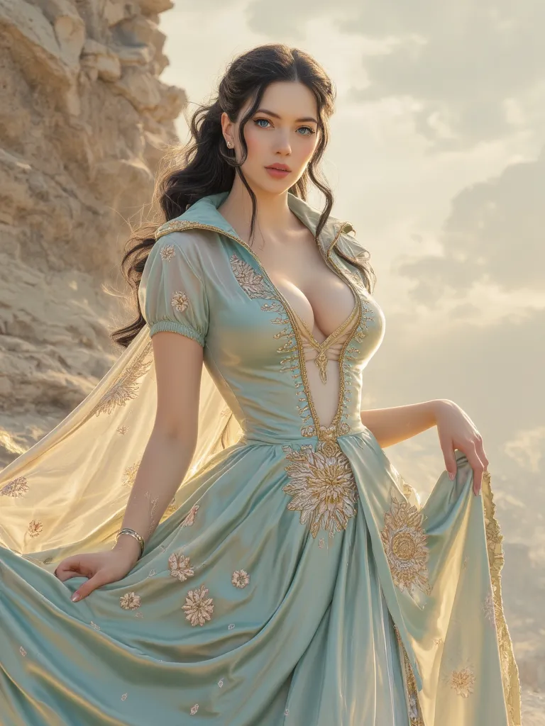 (masterpiece, best quality, ultra-detailed), nico robin, classical fantasy-style digital painting, noblewoman with long wavy black hair styled in an intricate half-updo, radiant blue eyes, fair flawless skin, wearing a flowing pale blue gown with delicate ...