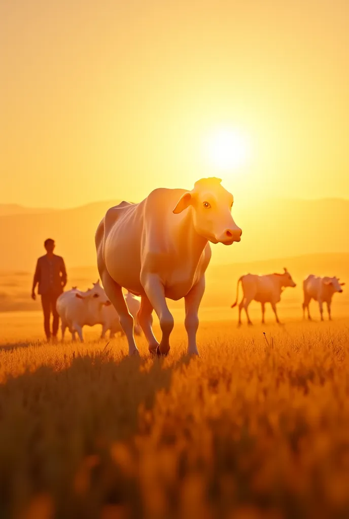 "A hyper realistic 3D Pixar style image capturing the final triumphant moment at sunrise. The heroic farmer leads his rescued, majestic white cow and a small herd back across a golden, expansive field. The warm, cinematic light, engaging details, and uplif...