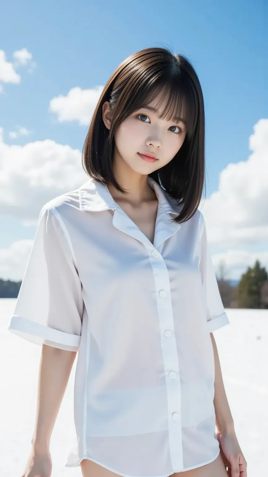 (((8k、high definition、top quality、high definition))) 、Japanese high school girl、 slender 、 (((Baby Face)))、 smooth, clear white skin in the middle of a disheveled bed sheet 、live-action、various poses、 (((Blue sky and snowy meadow:1.5)))、(((Blue sky and sno...