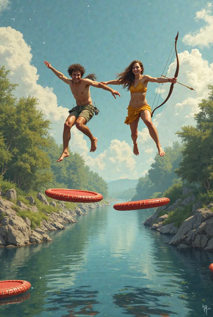 New experiences at every step
Description: Sagittarius and Leo jump over a river on a series of floating trampolines. Every jump takes them to new adventures, reflecting the bold nature of their relationship, always willing to explore new paths.